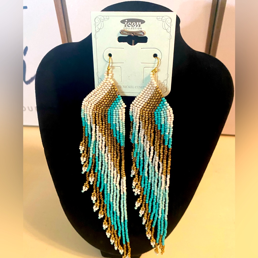 Beaded Dangle Earrings In Gold, White And Turquoise